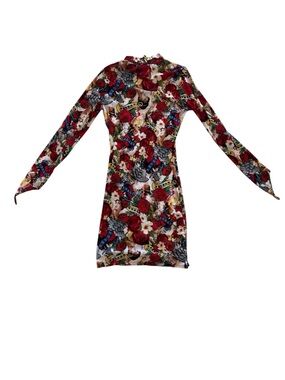 Laqueen Made in USA Floral Tattoo-Print Long Sleeve Bodycon Mesh Dress Size L